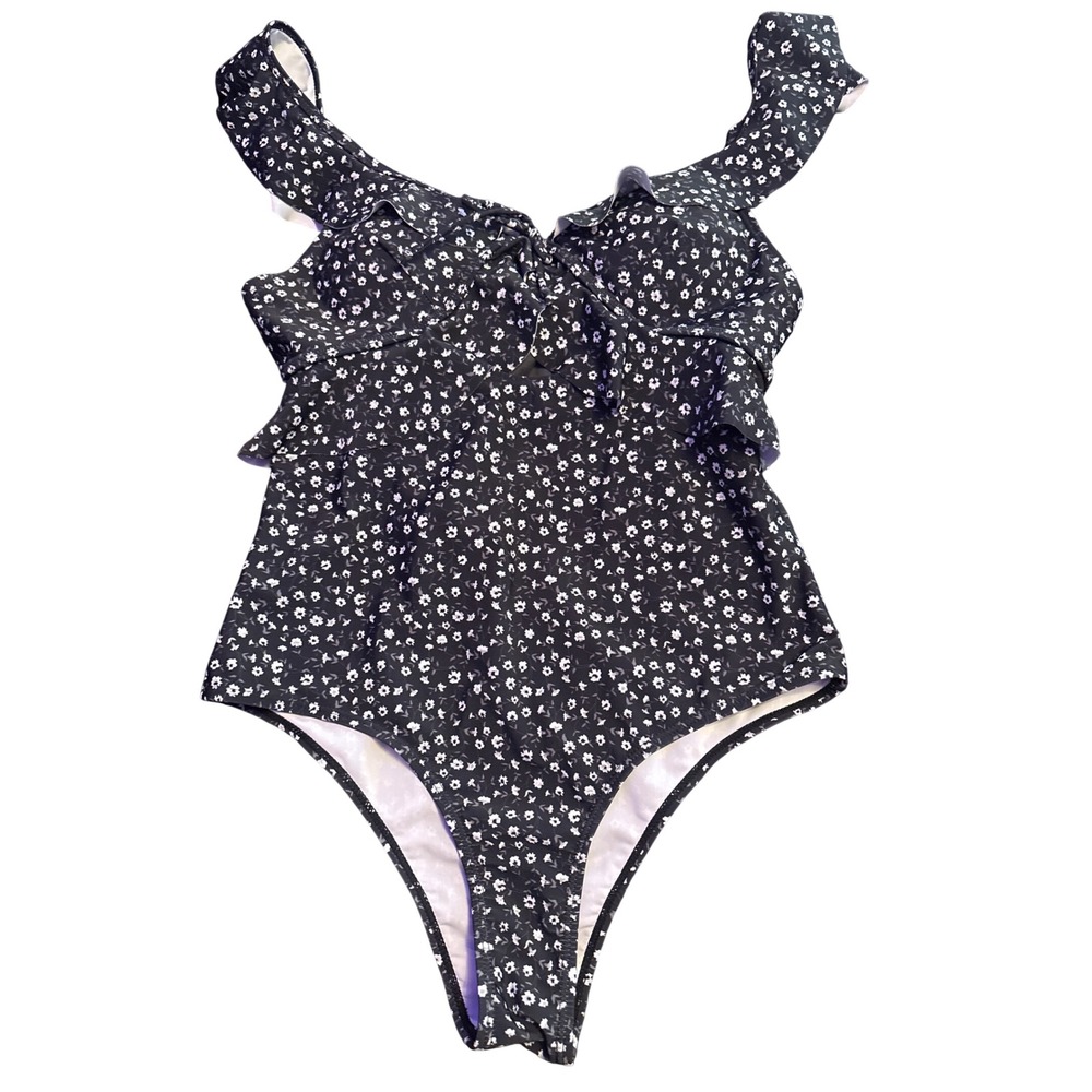 Black Ditsy Floral One Piece Swimsuit Ruffle Peekaboo Cutout Size L
